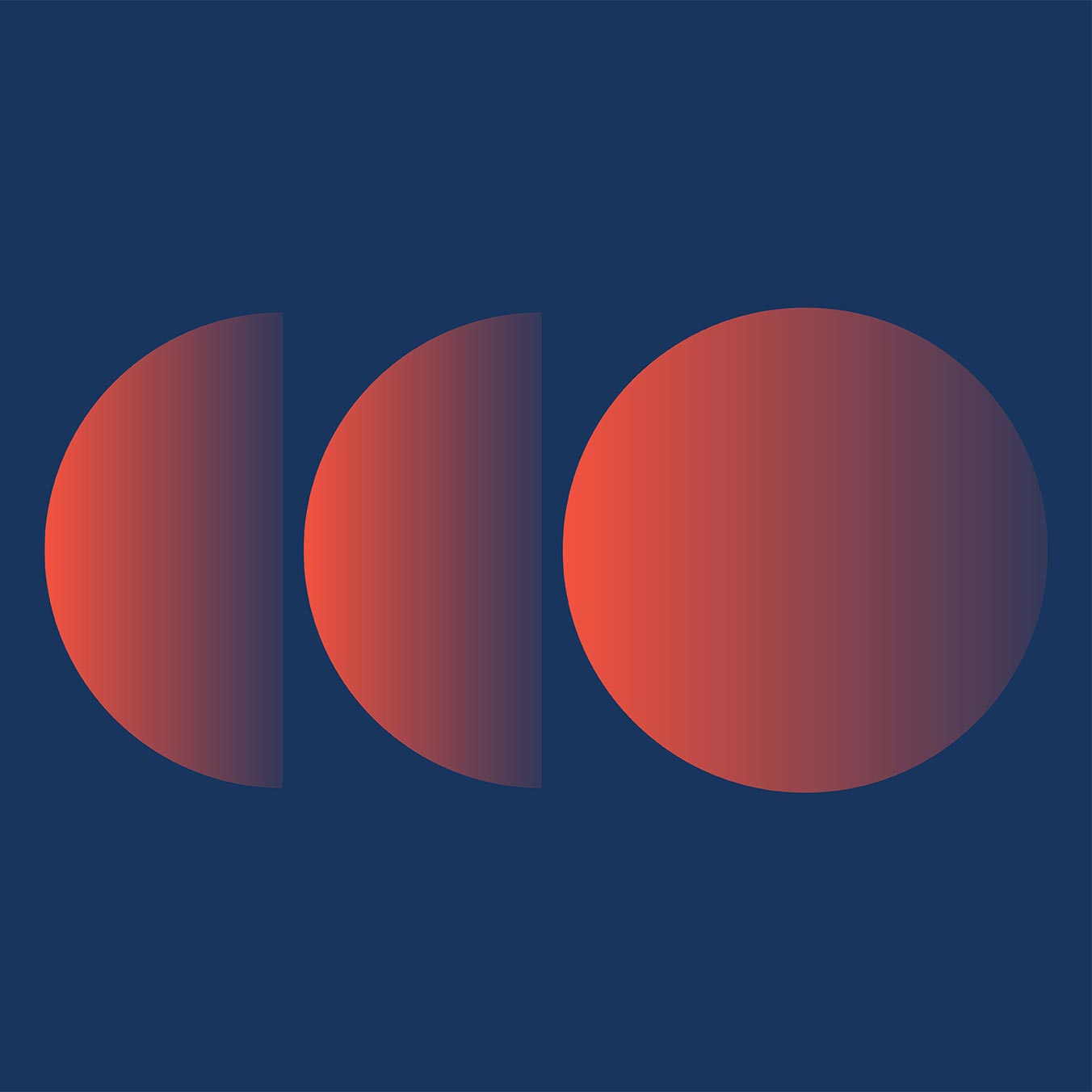 Two half circles and one full circle fading from red to navy blue.