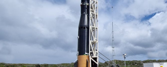 A Kestrel I rocket ready for launch at the Whalers Way Orbital Launch Complex on the Eyre Peninsula in South Australia.
