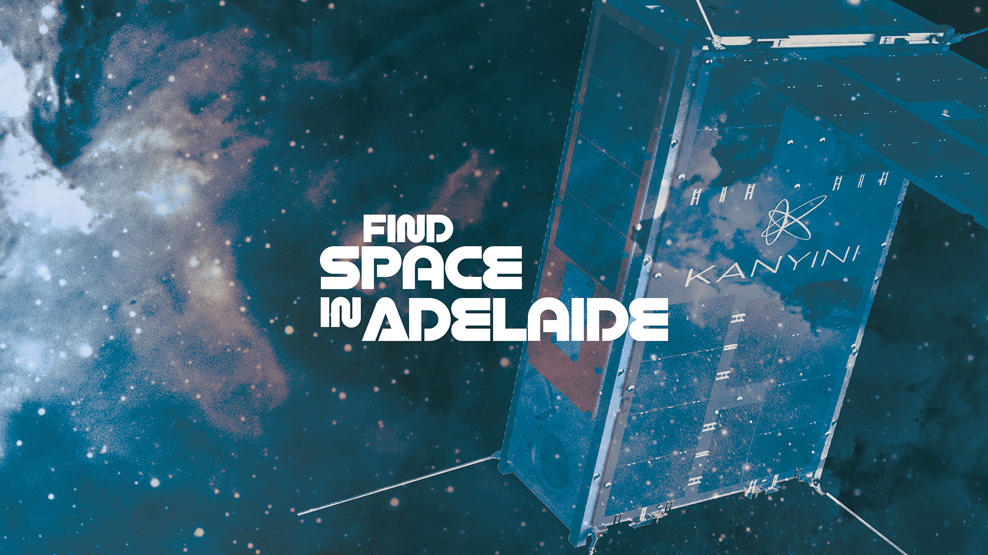 Find Space in Space written in white text on top of a blue space background with a satellite in right corner