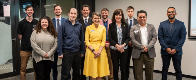Graduates with UniSA's Professor Marnie Hughes-Washington AO, Standing Acting Vice Chancellor & Deputy Vice-Chancellor of Research and Enterprise, the Honourable Susan Close MP, Deputy Premier of South Australia and UniSA’s Deputy Director: Business Incubation Craig Jones