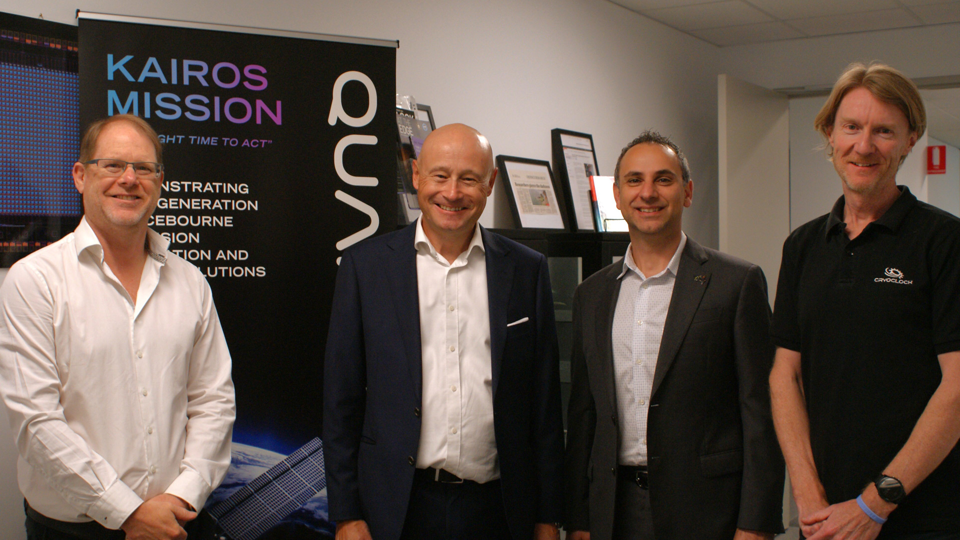 Prof Andre Luiten, Managing Director and Co-Founder QuantX Labs, Clive Oates, Head of SSTL Australia, Enrico Palermo, Head of Australian Space Agency and A/Prof Martin O’Connor General Manager QuantX Labs.