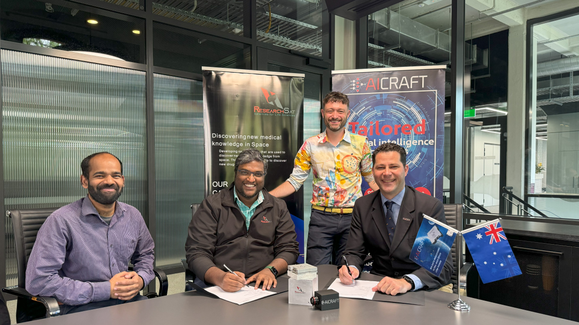 Signing of the MoU with (L-R) Jibin Dhanaraj (CTO, ResearchSat), RaviTeja Duggineni (CEO, ResearchSat), Craig Jones (Deputy Director, Innovation & Collaboration Centre, University of South Australia) and Dr Tony Scoleri (CEO, AICRAFT).