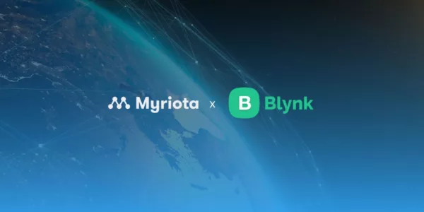Myriota and Blynk logos on top of a graphic of a satellite orbiting Earth
