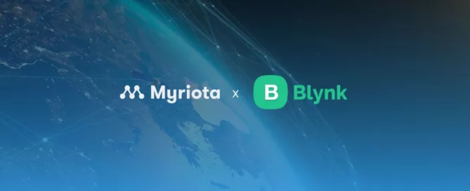 Myriota and Blynk logos on top of a graphic of a satellite orbiting Earth