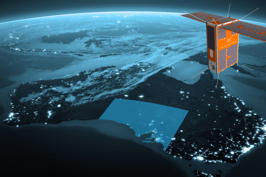 Artist impression of the Kanyini Satellite over Australia with South Australia highlighted