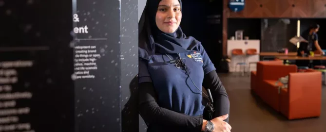 Shaghaf Abumustafa at the Australian Space Discovery Centre. Picture: Morgan Sette