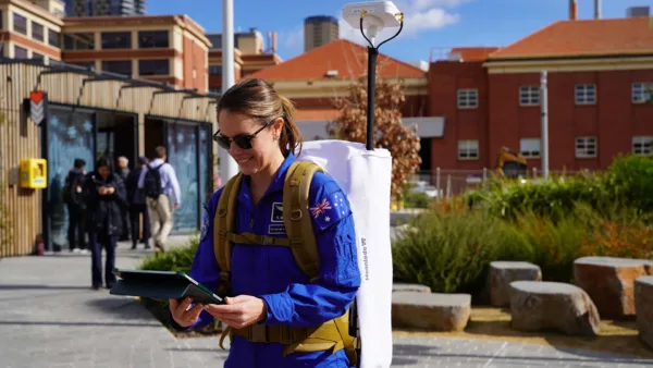 Australian astronaut candidate Katherine Bennell-Pegg conducting early user testing of search and rescue technology for the LunaSAR project at Lot Fourteen in Adelaide.