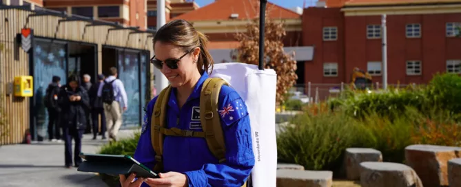 Australian astronaut candidate Katherine Bennell-Pegg conducting early user testing of search and rescue technology for the LunaSAR project at Lot Fourteen in Adelaide.