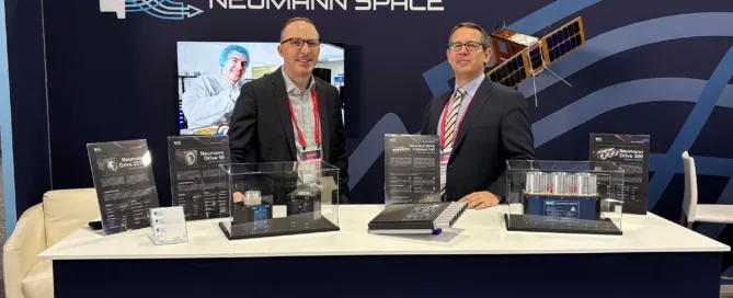 Neumann Space CEO Herve Astier (right) pictured at the 39th Annual Small Satellite Conference in Utah with Jason Wallace, the company’s first US-based executive.