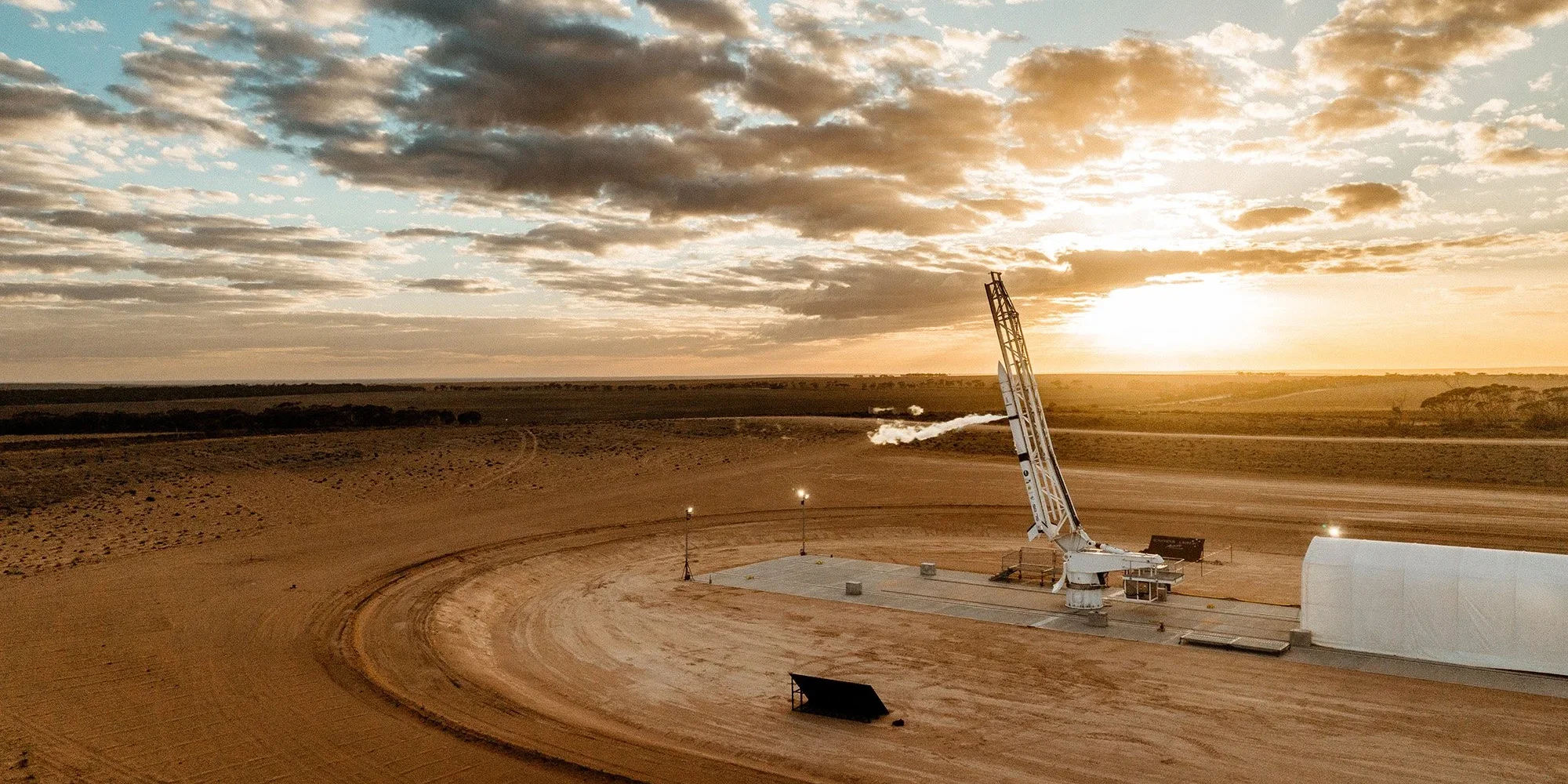 HyImpulse SR75 rocket preparing for launch at Koonibba Test Range against a beautiful golden sunset, 3rd of May 2024