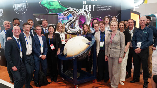 Representatives from Southern Launch and US-based Varda Space Industries at IAC Sydney ahead of announcing 20 spacecraft returns to the Koonibba Test Range.