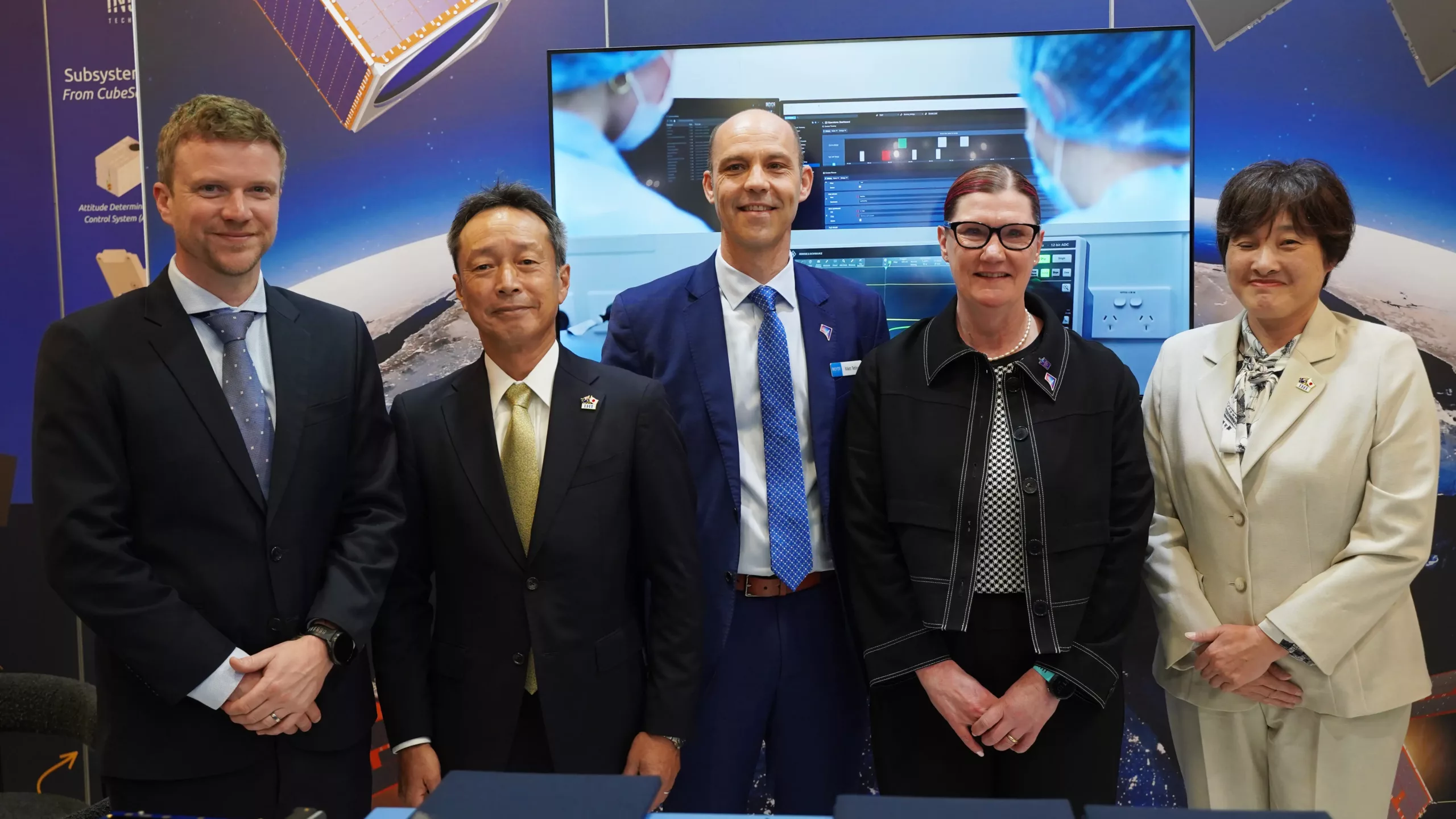 CampbellPegg-MasanoboNatsuake-MattTetlow-CathRoberts-ChiyukiNakamata (L-R), Campbell Pegg, Director Space, at South Australian Space Industry Centre (SASIC), Mr Masanobu Natsuake, President of Meisei Electric Co., Ltd, Dr. Matt Tetlow, CEO of Inovor Technologies, Catherine Roberts AO,CSC, Advisory Board member for Defence SA, Dr. Chiyuki Nakamata, Executive Officer, Vice President of Aero Engine, Space & Defense Business Area of IHI Corporation