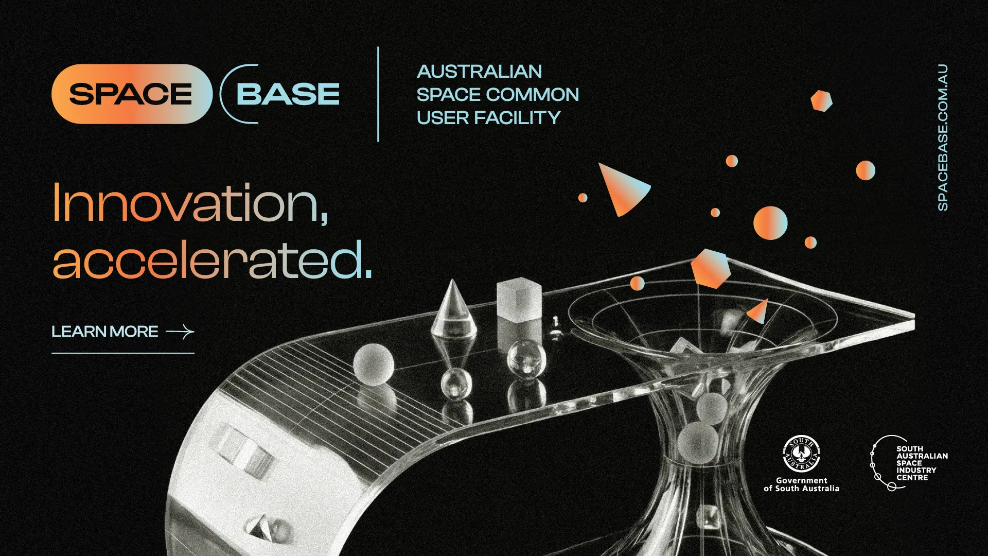 SpaceBase web banner showing the SpaceBase | Australian Space Common User Facility logo, Innovation accelerated tagline, spacebase.com.au web address, GoSA and SASIC logos and an abstract artwork of shapes flowing into a glass model of a wormhole.